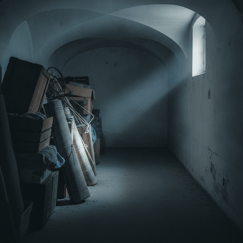 Kellergang, auf der einen Seite bis unter die Decke mit altem Hausrat gefüllt, auf der anderen Seite bereits leer