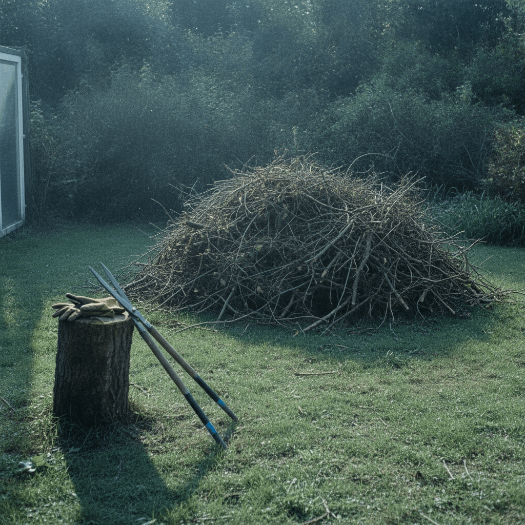 Teilweise freigeräumter Garten mit aufgeschichtetem Schnittgut, Arbeitshandschuhen und Astschere auf einem Baumstumpf