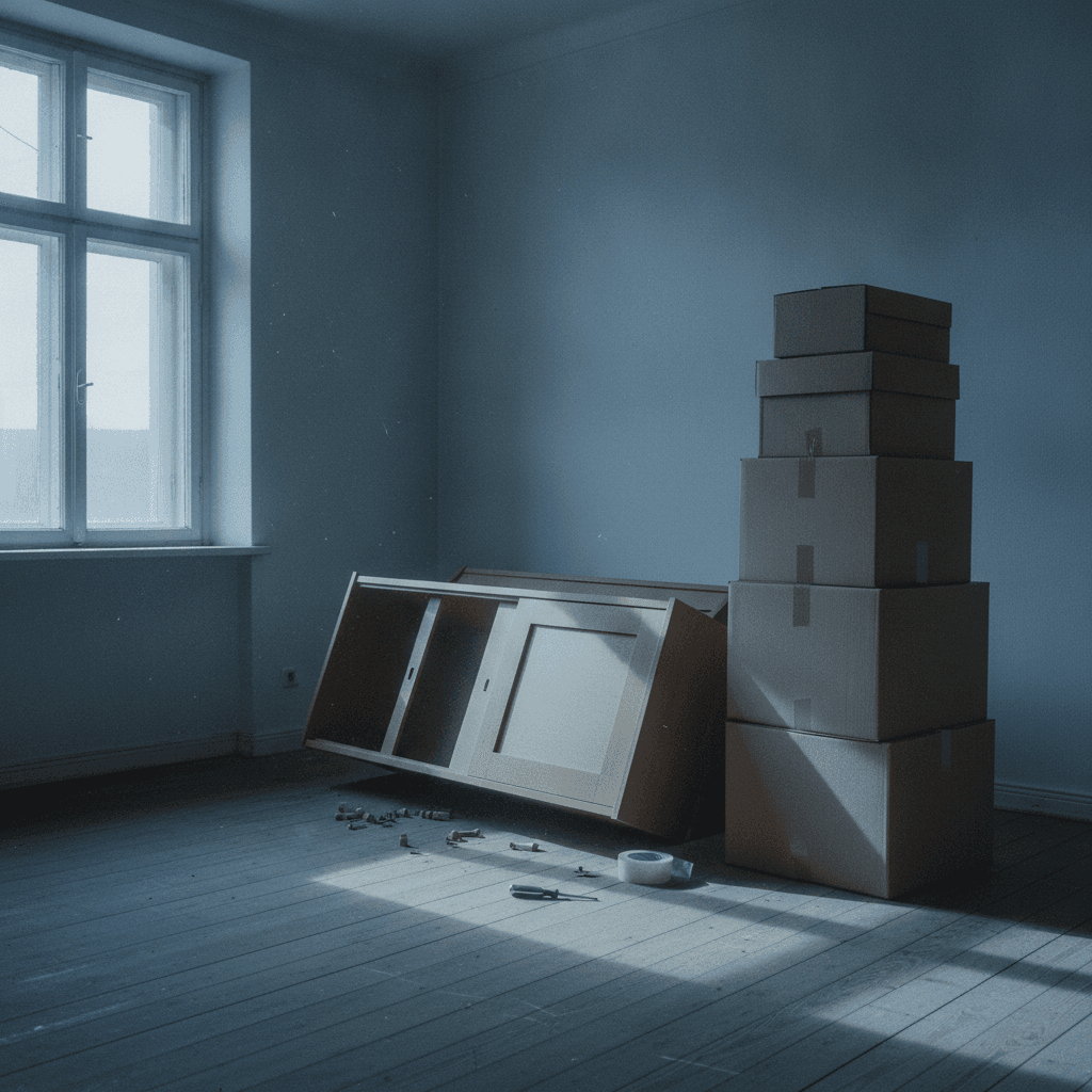 Gestapelte Umzugskartons neben einem teilweise zerlegten Holzschrank in einem leeren Altbauzimmer