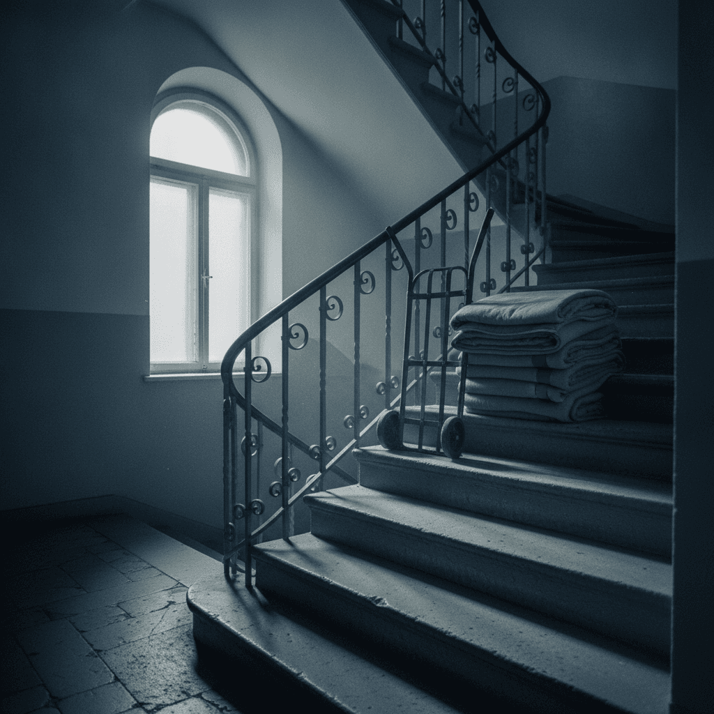 Treppenabsatz in einem Altbau mit Sackkarre und zusammengelegten Umzugsdecken