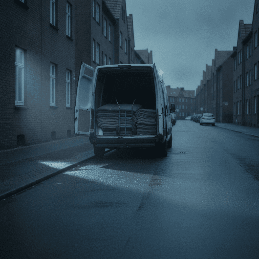 Unbeschrifteter weisser Transporter mit geöffneten Hecktüren am Strassenrand einer Wohnstrasse mit Backsteinhäusern