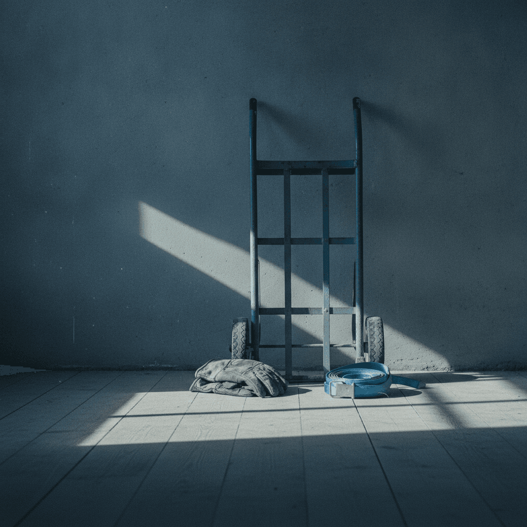 Abgenutzte Lederarbeitshandschuhe und eine Sackkarre an der Wand eines leeren Raums